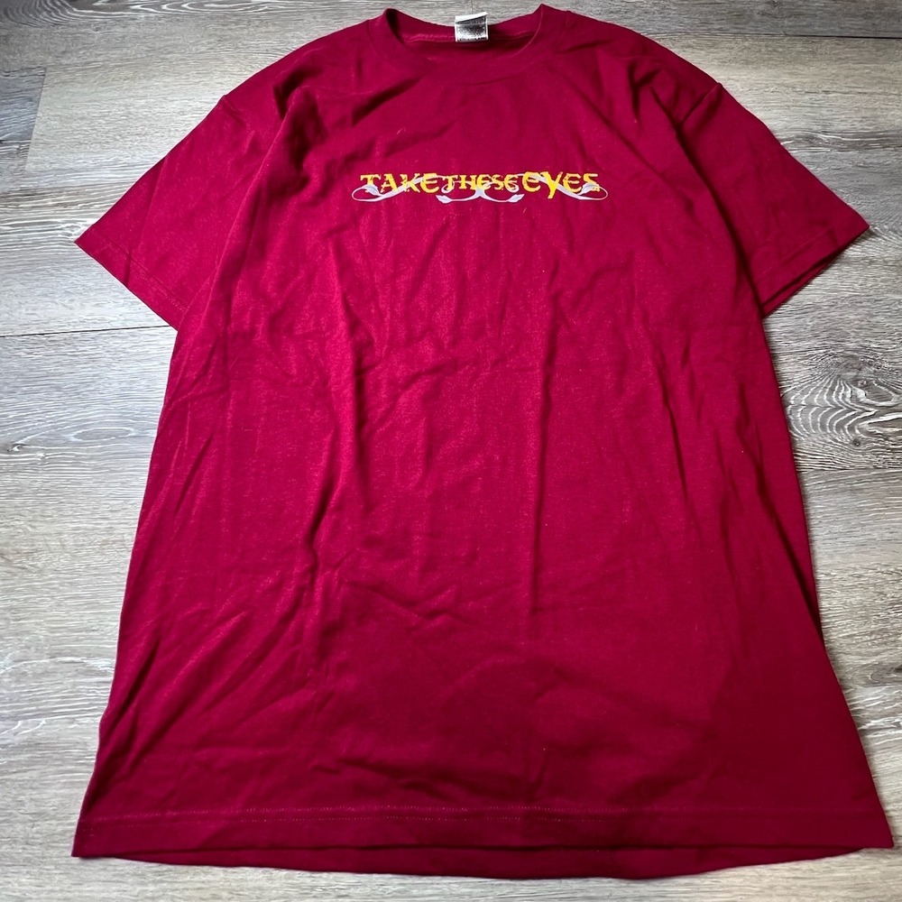 Y2K Take These Eyes Graphic T-Shirt Mens L Maroon Tee Short Sleeve